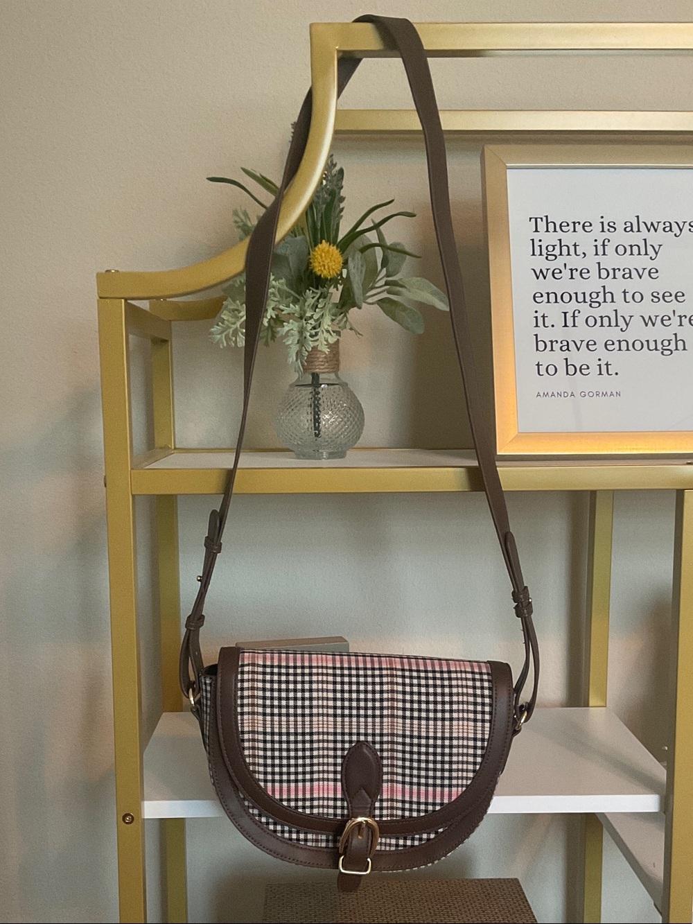 LOFT Brown Plaid Crossbody with Pink Accent